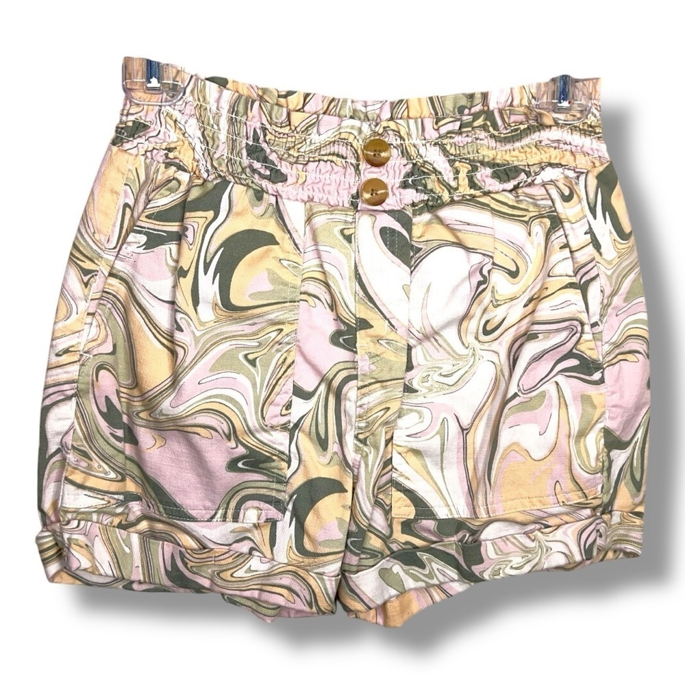 XS SO Colorful Swirl Print Shorts Paperbag Style High Rise Utility Short Elastic